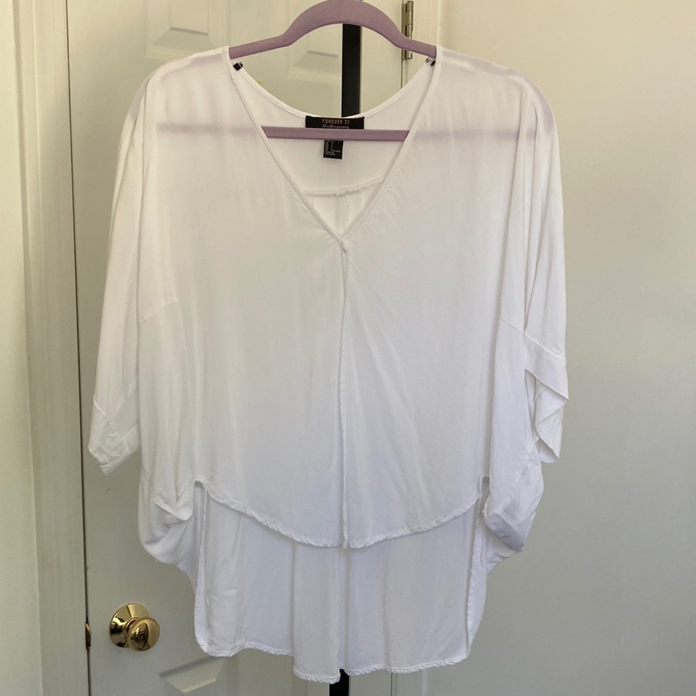 Forever 21 V Neck White Cotton Hi Lo Blouse